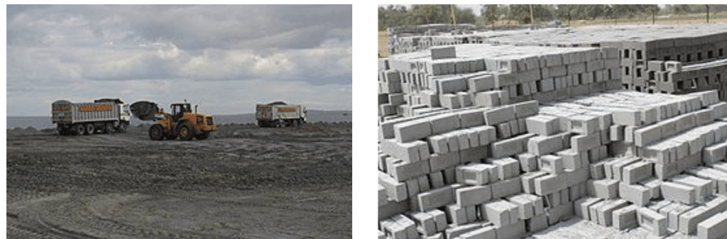 side by side image of fly ash bricks and heavy equipment using the fly ash